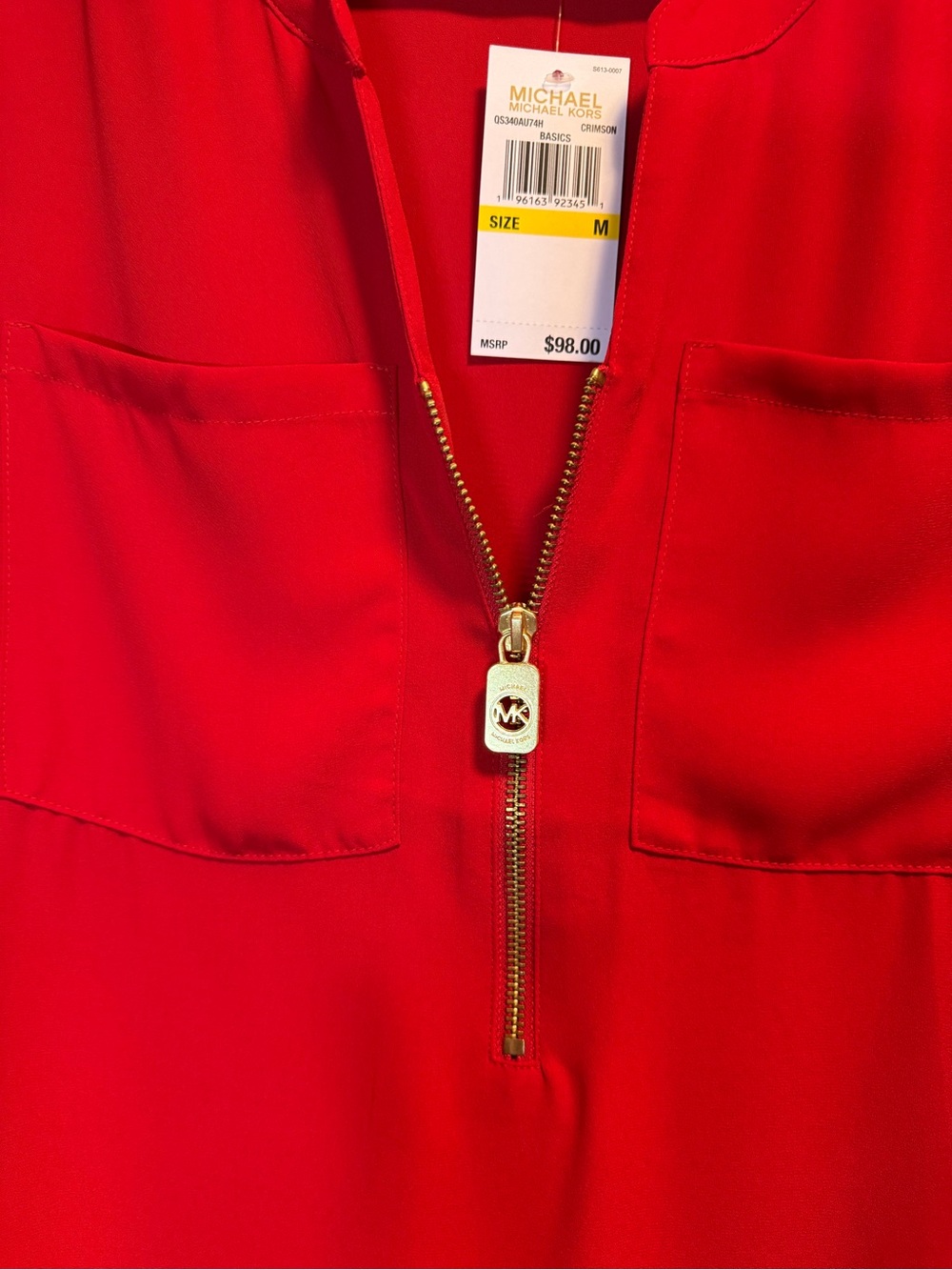 Michael Kors Bright Red Zip-Pocket Long Sleeve Blouse - Picture 3 of 5